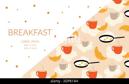 Breakfast pattern with cups, fried eggs, and croissants on white and beige background vector Stock Vector
