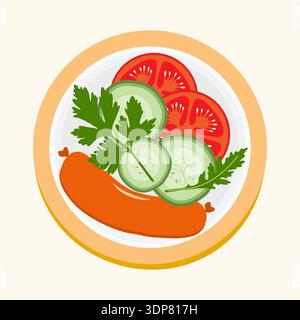 Plate with sliced tomatoes, cucumbers, sausage, and parsley as garnish on white background vector Stock Vector