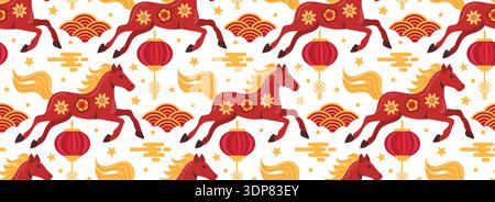 Seamless running horses Chinese New Year pattern red and gold Stock Vector