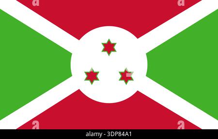 Vector graphic of the Burundi national flag. Comprised of red and green quadrants, a white cross and circle with three red stars Stock Vector
