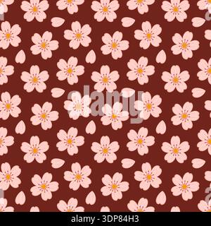 Seamless pattern of pink cherry blossom flowers and petals scattered on brown background. Elegant flat design Ideal for textiles, wrapping paper, spring themed designs. Vector illustration Stock Vector