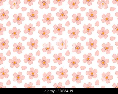 Delicate seamless pattern of pink cherry blossom flowers and petals on white background. Ideal for textiles, wrapping paper, spring themed designs and stationery. Vector illustration Stock Vector