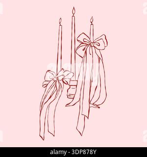 Hand drawn vintage elegant candles with outline bows in red color. Vector illustration in retro sketch parisian style. Vector illustration Stock Vector