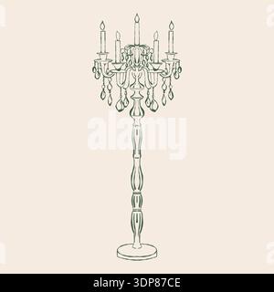 A vintage hand-drawn candelabra floor lamp with candles and green crystals. Vector outline illustration of a luxurious antique candelabra in a retro sketch style. Stock Vector