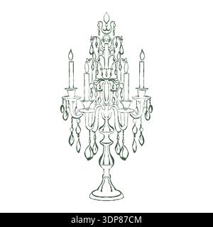 A vintage hand-drawn candelabra with candles and crystals in green. Vector outline illustration of a luxurious antique candelabra in a retro sketch style. Stock Vector