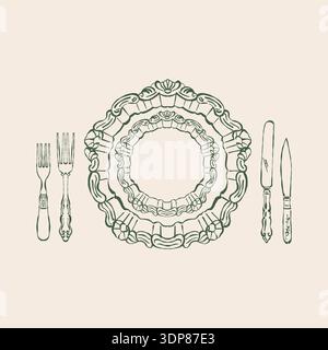 Vintage dinnerware set. Antique table setting. Top view of a plate, forks, and knives on the table. Hand-drawn vector outline illustration in green. Stock Vector
