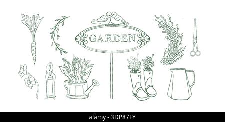 A charming vintage collection of garden elements. Plants, tools, boots with wildflowers, a watering can, branches, a carrot, and a Garden sign. Vector spring illustration. Garden line art in green. Stock Vector