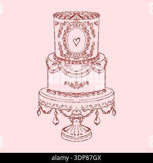 Vintage-style wedding or celebration cake. Multi-tiered celebration cake. Hand-drawn vector outline illustration in a romantic style. Rococo-style cake in red. Stock Vector