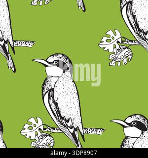 Seamless pattern with funny birds, flowers, leaves. Flat vector illustration with cartoon bird silhouette. Cute characters. Design for invitation Stock Vector
