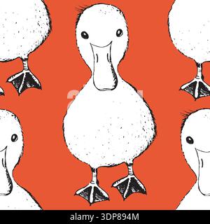 Seamless pattern with funny birds, flowers, leaves. Flat vector illustration with cartoon bird silhouette. Cute duck characters. Design for invitation Stock Vector