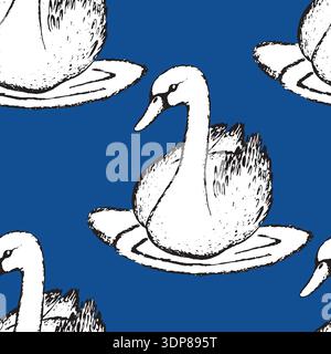 Seamless pattern with funny swan birds. Flat vector illustration with cartoon bird silhouette. Cute characters. Design for invitation, poster, card Stock Vector