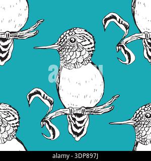Seamless pattern with funny birds, flowers, leaves. Flat vector illustration with cartoon bird silhouette. Cute characters. Design for invitation Stock Vector