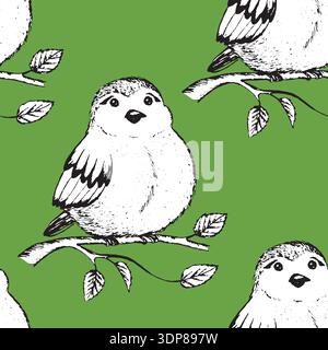 Seamless pattern with funny birds, flowers, leaves. Flat vector illustration with cartoon bird silhouette. Cute characters. Design for invitation Stock Vector