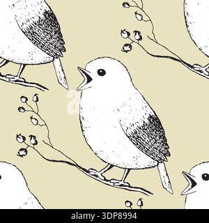 Seamless pattern with funny birds, flowers, leaves. Flat vector illustration with cartoon bird silhouette. Cute characters. Design for invitation Stock Vector