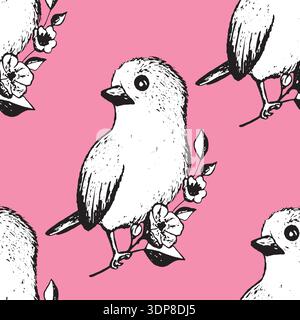 Seamless pattern with funny birds, flowers, leaves. Flat vector illustration with cartoon bird silhouette. Cute characters. Design for invitation Stock Vector