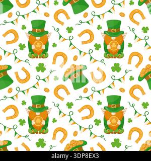 Seamless pattern Funny leprechaun characters for St Patricks Day. Cute gnome, green shamrocks, golden horseshoe, coins and festive Irish flag garland for St Patricks Day festive background. Stock Vector