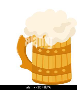 Wood mug with foamy beer, a traditional drink for festive drink. A refreshing beverage for celebrating St Patricks Day, Oktoberfest, or brewery design. Isolated cartoon vector art. Stock Vector
