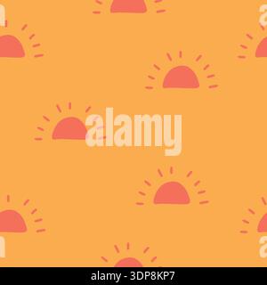 White sun seamless pattern on yellow background. Flat vector illustration. Sun with ray sign symbol pattern.  Stock Vector