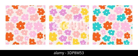 Seamless patterns with vector cute groovy flowers. Stock Vector