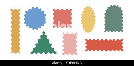Bright wavy, zigzag edges geometric figures. Doodle y2k squiggle abstract frames. Groovy vector frameworks, rectangle, oval. Stock Vector