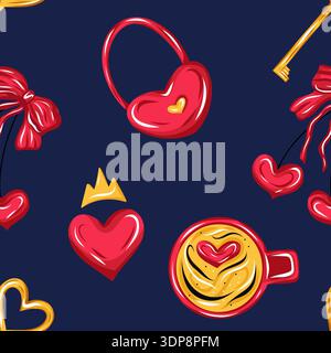 Seamless Valentine Day pattern with hearts, coffee cups, keys, bows and romantic symbols, vector in cute hand drawn cartoon style Stock Vector