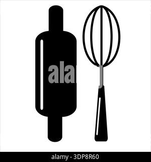 Whisk and rolling pin. Black kitchen steel equipment for mixing cooking ingredients and whisking eggs with cream and and rolling dough for vector baking Stock Vector