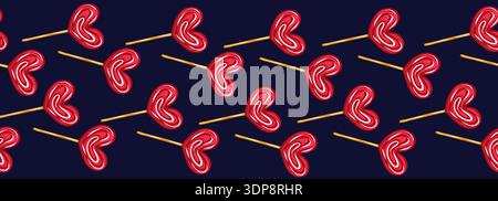 Red heart lollipops with golden sticks. Vector seamless border. Sweet romantic illustration Stock Vector
