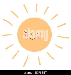 Cute vector clipart of a smiling light orange sun with rosy cheeks and closed eyes. Square illustration on a white background for kids design, prints, cards and decor. Stock Vector