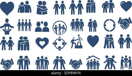 Vector set of people and family stick figure icons including men, women, children, couples and business symbols in silhouette style Stock Vector