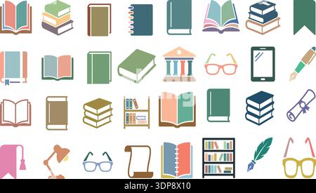 Set of vector book, building and home interior icons with furniture symbols for design and business use Stock Vector