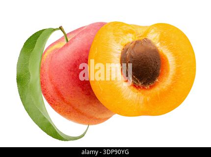 Ripe apricots with leaves isolated on white background. Clipping Path. Stock Photo
