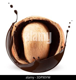 Hazelnuts with chocolate splash on white background. Stock Photo