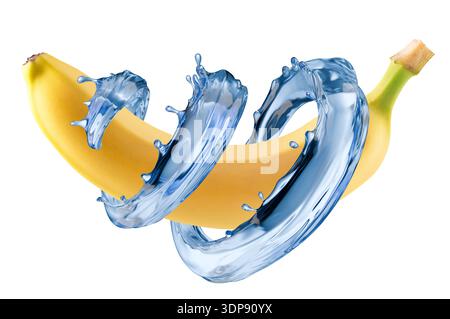banana with water splash isolated on white background. Stock Photo