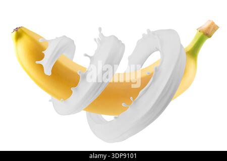banana with milk splash isolated on white background. Stock Photo