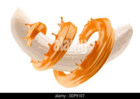 banana with caramel splash isolated on white background. Stock Photo