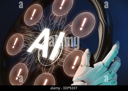 Robot driving car. Virtual screen with AI icon and warning notifications on steering wheel. Artificial intelligence safety Stock Photo