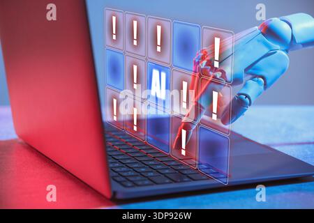 Robot using laptop, virtual screen above computer showing AI icon and warning notifications. Artificial intelligence safety Stock Photo