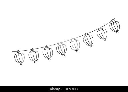 Decorative whimsical lanterns hanging on string, hand drawn outline illustration of festive garland for home or garden outdoor celebration decor, doodle party design element Stock Vector