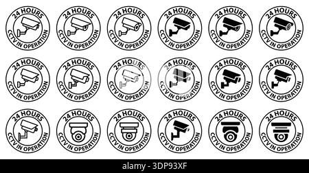 A collection of black and white icons featuring CCTV cameras with "24 Hours" text. Ideal for security, monitoring, and surveillance applications. Stock Vector