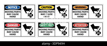 This set of warning signs features clear symbols and messages about moving parts and hand safety. Ideal for workplaces to improve safety awareness. Stock Vector