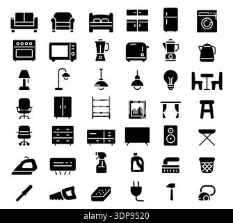 Browse this diverse collection of black icons showcasing essential household appliances and furniture. Ideal for design projects, websites, or present Stock Vector