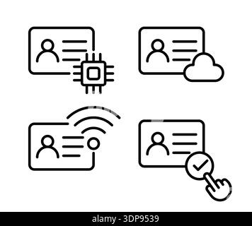 Set of four symbols representing digital identity concepts, showcasing cloud storage, microchip integration, wireless connectivity, and user verificat Stock Vector
