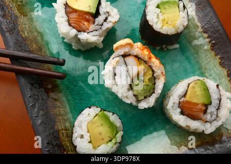 Assorted Sushi Platter Japanese Cuisine Close Up Stock Photo