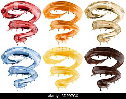 Set of splashes with liquids of different materials (chocolate, orange juice, wine, water, oil, caramel) isolated on  white background. 3d rendering. Stock Photo