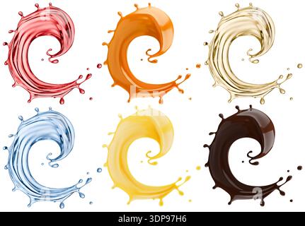 Set of splashes with liquids of different materials (chocolate, orange juice, wine, water, oil, caramel) isolated on  white background. 3d rendering. Stock Photo
