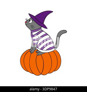 Hand-drawn cute Halloween kitty cat in costume. Fantasy and mystical fairytale. Treats or tricks fantasy fairy tale Stock Photo