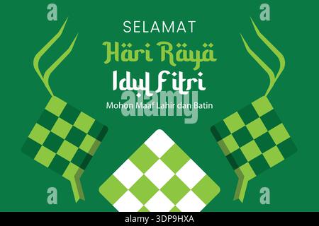 Green Eid al Fitri wallpaper with simple ketupat and decorative accents in a clean minimal layout Stock Vector