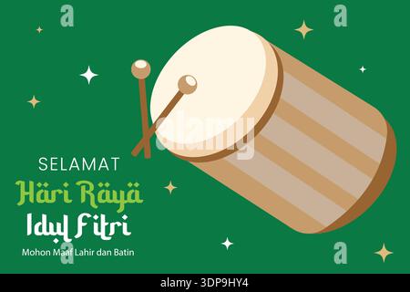 Minimal flat Eid al Fitri wallpaper with Ramadan drum icon, soft colors, and clean festive design Stock Vector
