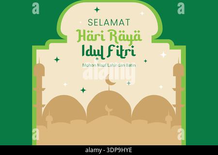 Flat Eid al Fitri wallpaper with mosque silhouette and warm tones, perfect for festive greetings Stock Vector