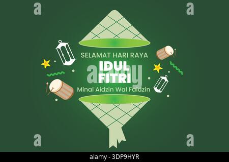 Happy Eid al Fitri green background featuring mosque, lanterns, and festive Islamic decorative elements Stock Vector